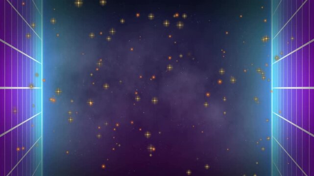 Stars and cosmic particles animation over futuristic grid background