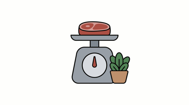 Icon of a weighing scale with a steak on one side and a potted plant on the other, symbolizing diet and nutrition