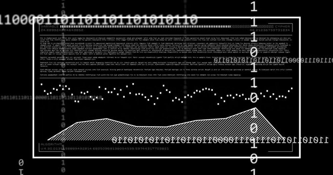 Animation of binary code and data graphs with algorithm text on black background