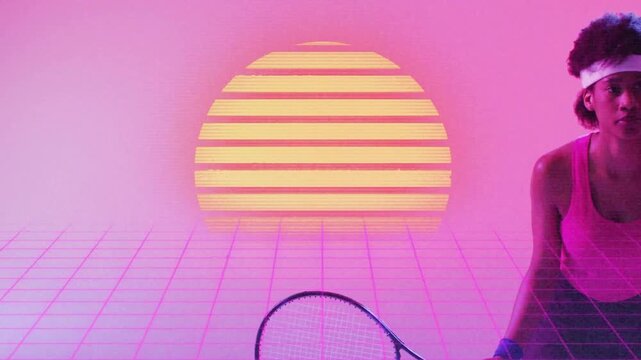 Holding racket, player in retro tennis scene with neon sun and grid animation