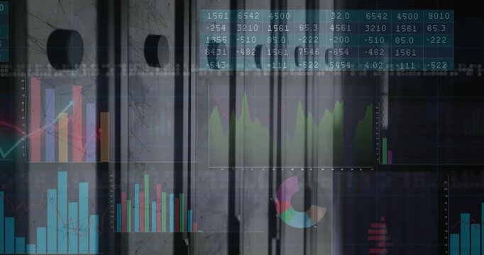 3D-rendered data visualization glowing over modern interior showing numeric grids and bar charts