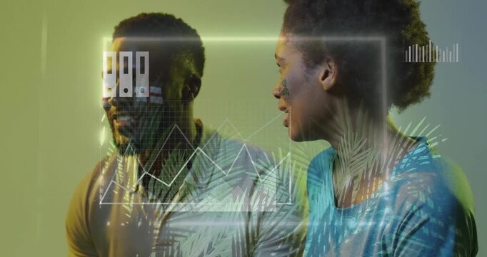 Watching game, excited fans with data analytics animation overlay in stadium