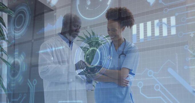 Doctor tapping tablet and swiping medical HUD while nurse pointing patient metrics and both nodding