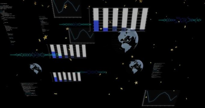 Digital data being visualized floating in dark void, showing charts line graphs golden stars globes