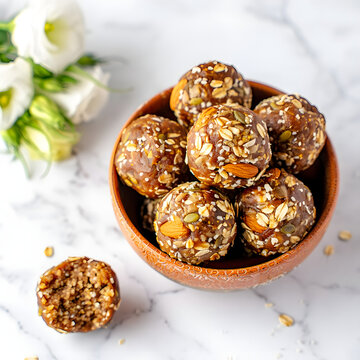 Healthy energy balls with oats, nuts, and seeds in a rustic bowl vegan protein powder