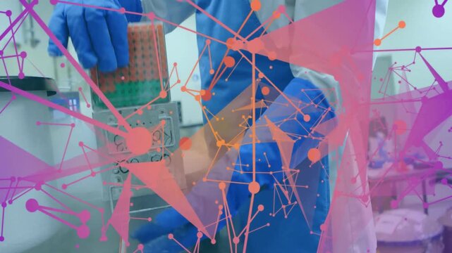 Lab technician opening cryogenic unit, pulling rack 03-002 for inspection with animated vial labels