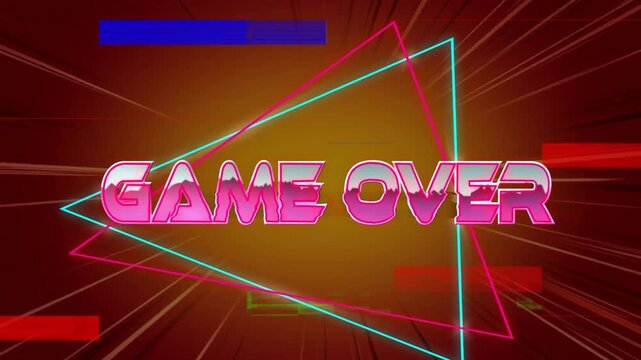 Starting GAME OVER snapping straight sliding glitch bars, fading neon triangles evoking retro vibe
