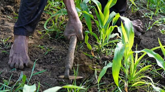 Close up Organic farmer weeding corn field with traditional hand tool. Authentic rural agriculture, sustainable farming, and manual labor in tropical plantation