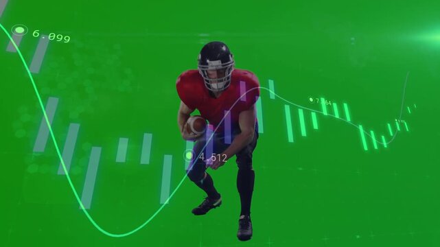 Football player kneeling and placing ball crouching then sprinting while financial charts animating