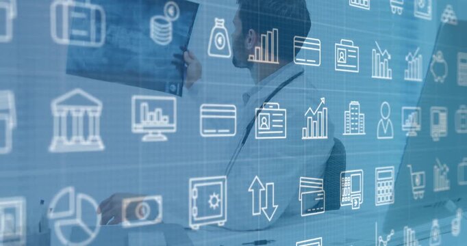 Physician reaching tablet and lifting scan while examining finance data icons for review