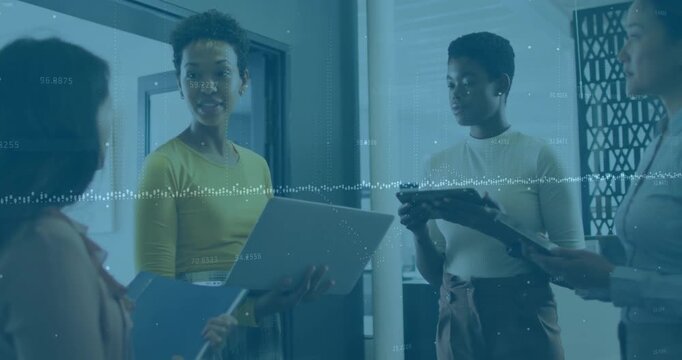 Speaker raising laptop, outlining key points in business meeting with audio waveform overlay moving