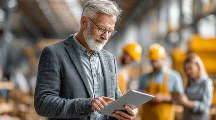 Obraz premium Senior executive reviewing data on a tablet on the factory floor with workers in background