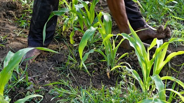 Close up Organic farmer weeding corn field with traditional hand tool. Authentic rural agriculture, sustainable farming, and manual labor in tropical plantation
