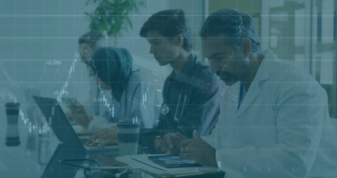 Medical professionals tapping devices activating chart animating across screens during training
