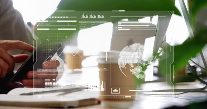 Man lifting smartphone, tapping swiping animating floating holographic business charts for analysis