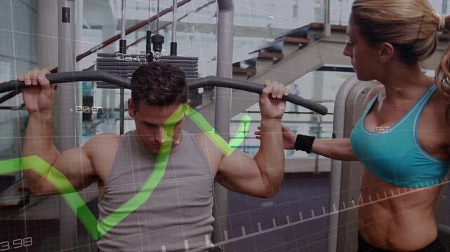 On trainer cue client pulling lat pulldown bar down tracking fitness reps via transparent graph