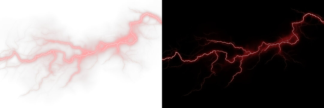 Intense red lightning spreading across the scene with dynamic energy on split background PNG
