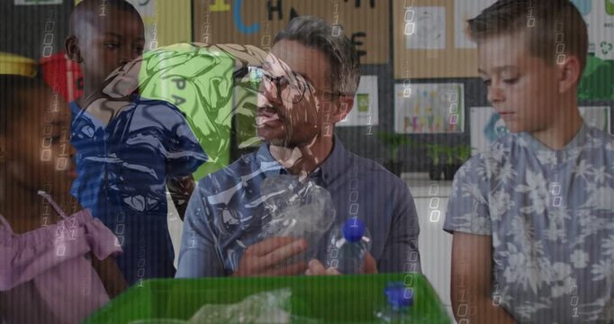 Teacher in classroom turning, crushing bottle for recycling into green bin, brain overlaying faces