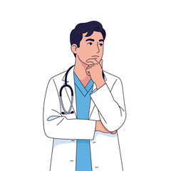 Fototapeta premium Doctor thinking, contemplating medical diagnosis with hand on chin, white background