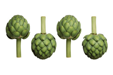 Obraz premium Four fresh green artichoke vegetables on transparent background