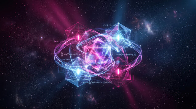Complex holographic 3D geometry representing advanced mathematics and subatomic data processing. Deep magenta and cold blue neon color palette with intricate particle dispersion.