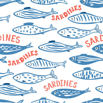 Blue sardine fish and text seamless pattern. Hand drawn cute Mediterranean seafood wallpaper, funny mackerel, anchovy print, repeat background. Vector textile design, wrapping paper, fabric.