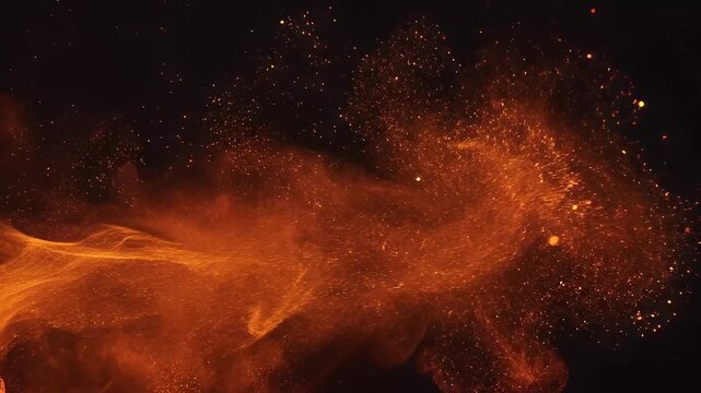 Dynamic orange particles exploding against a dark black background