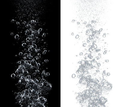 Close-up of rising air bubbles underwater against a black background. This image is ideal for illustrating concepts related to water, air, and fluid dynamics.