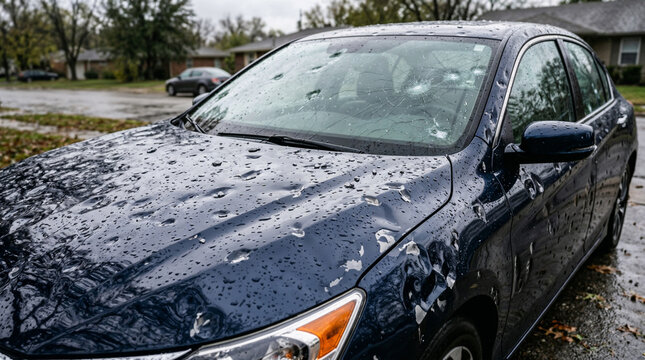 Severe hail damage with dents on hood and windshield of a car