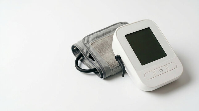 White digital blood pressure monitor with cuff on peach surface senior home health monitoring concept.