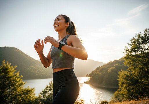 Fit woman with ponytail jogging uphill by a lake at sunrise