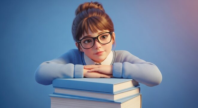 young girl with glasses leaning on stack of books, educational concept