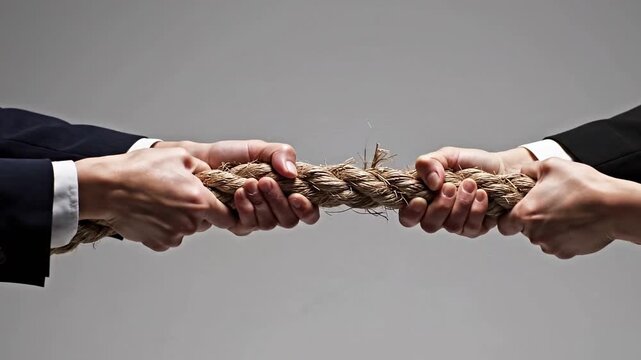 rope, pulling, tug of war, hands, gripping, taut, tension, competition, struggle, negotiation, market, strength, force, power, conflict, business, corporate, b2b, concept, metaphor, natural hemp, blan