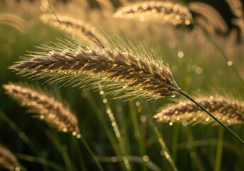 Fototapeta premium Golden grass seed heads with dew drops sparkling in the morning sun