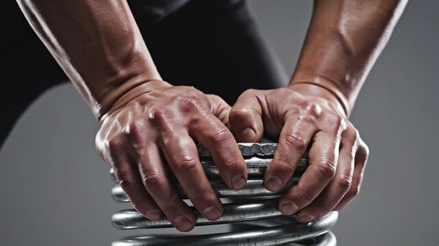 Hands pressing down hard on a heavy steel coil spring compressing it, economic tension and potential energy concept.