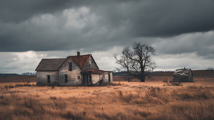 Fototapeta premium Gloomy landscape of an abandoned farm