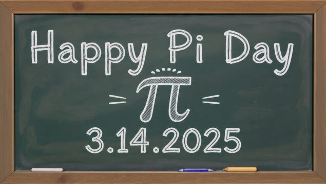 Chalkboard with Happy Pi Day Celebration Message for March 14, 2025