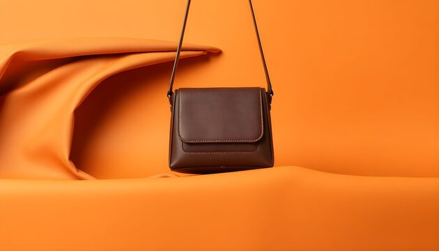 A stylish brown leather purse sits on a vibrant orange fabric background with a smooth surface and soft folds.
