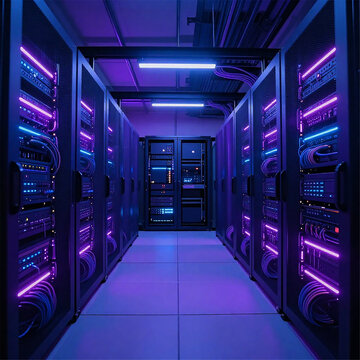 Futuristic data center server room with vivid blue and purple LED lighting and high-speed network cables in a dark hallway