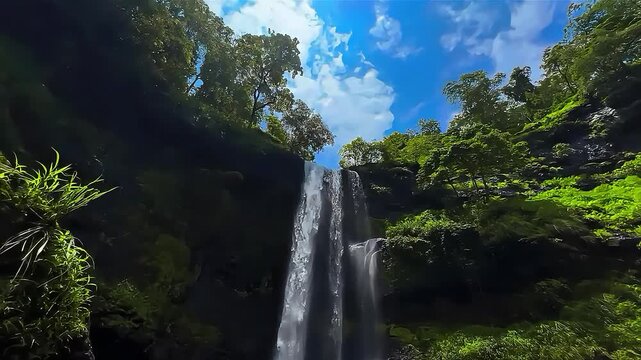 low angle view of tropical waterfall falling from cliff with blue sky background