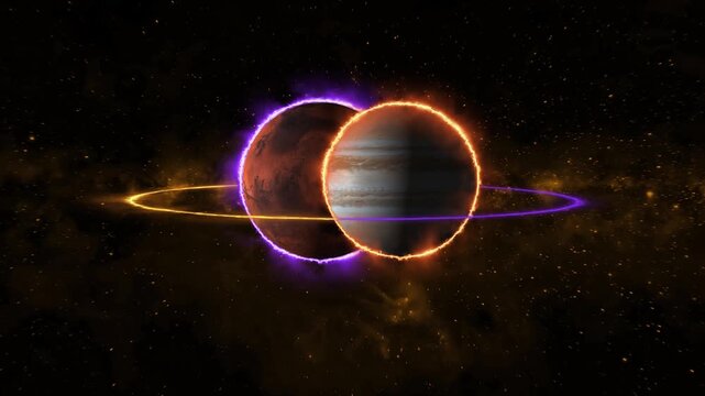 Two planets glow in space with purple and orange auras. Ideal for cosmic visuals and space projects. Use this planet animation for futuristic designs.