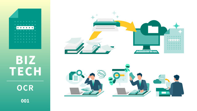 Flat vector illustration set of a male businessman using OCR technology for character recognition and document scanning to promote paperless office work and digital transformation.