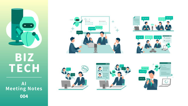 Advanced AI transcription and voice recognition service set with male and female users summarizing meeting minutes for workflow automation data analysis and professional business documentation