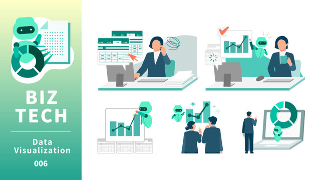 Business data visualization and analysis DX concept with professional man and woman monitoring AI generated dashboard graphs for strategic decision making and corporate growth