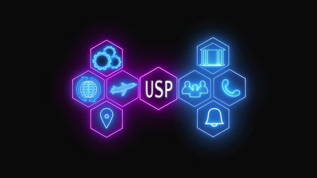 Neon USP icons in hexagons connect with lines. Perfect for marketing visuals and business projects. Use this USP animation for modern designs.