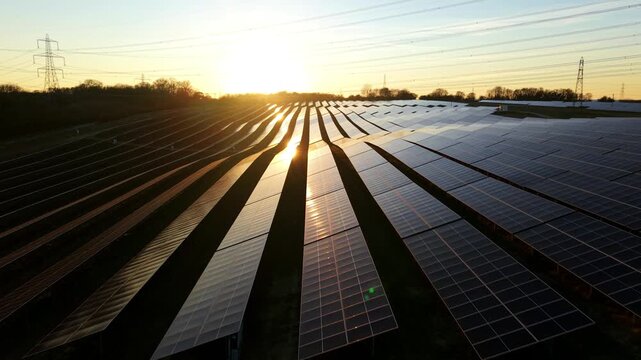 Aerial view of the vast solar panel array reflecting the golden sunset, contrasting with the dark ground, creating a mesmerizing pattern, Tye Lane, Ipswich, United Kingdom.