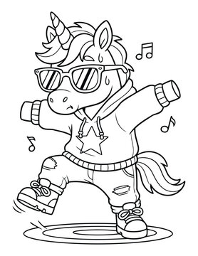 Unicorn dancing with music notes wearing hoodie and sunglasses in playful cartoon style for kids coloring page