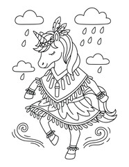 Obraz premium Unicorn dancing in rain wearing traditional costume cute cartoon coloring page