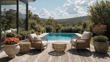Obraz premium Cozy patio with garden furniture, wooden decking, sliding glass doors, relaxing modern home exterior scene