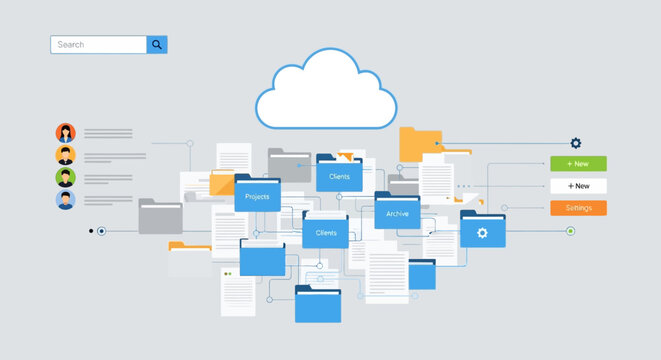 A conceptual illustration of a cloud storage system with various folders and files connected to a central cloud icon, showcasing digital organization and data management in a business